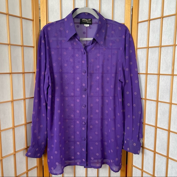 Vintage Lizzy B Purple Sheer polka dot chiffon Blouse Medium - Picture 1 of 7